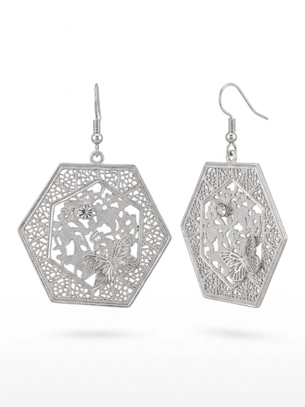 Silver Butterfly Filigree Hexagon Drop Earrings - Women Jewelry